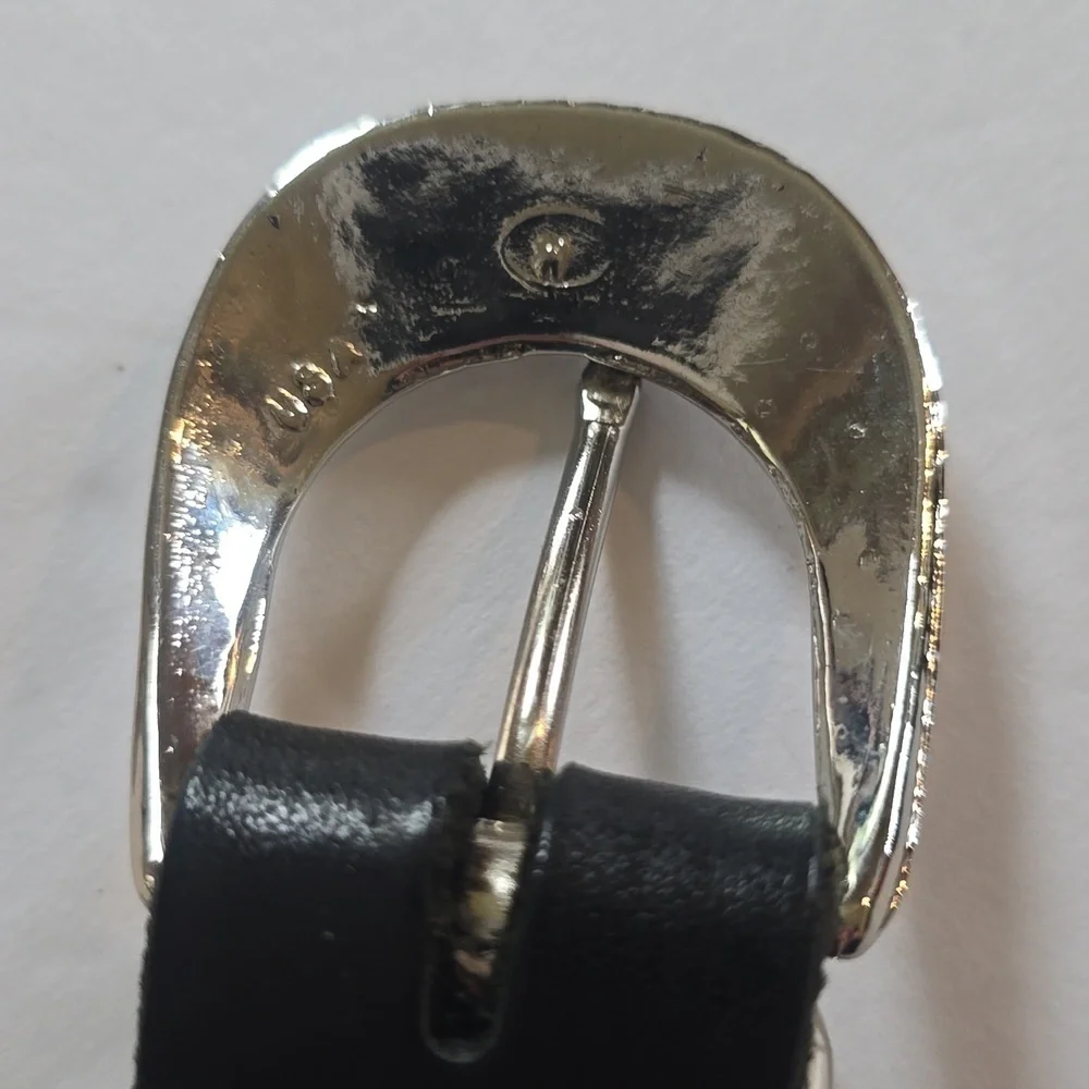 Womens Black Leather belt Silver Oblong Filigree Embellishments Sz.34